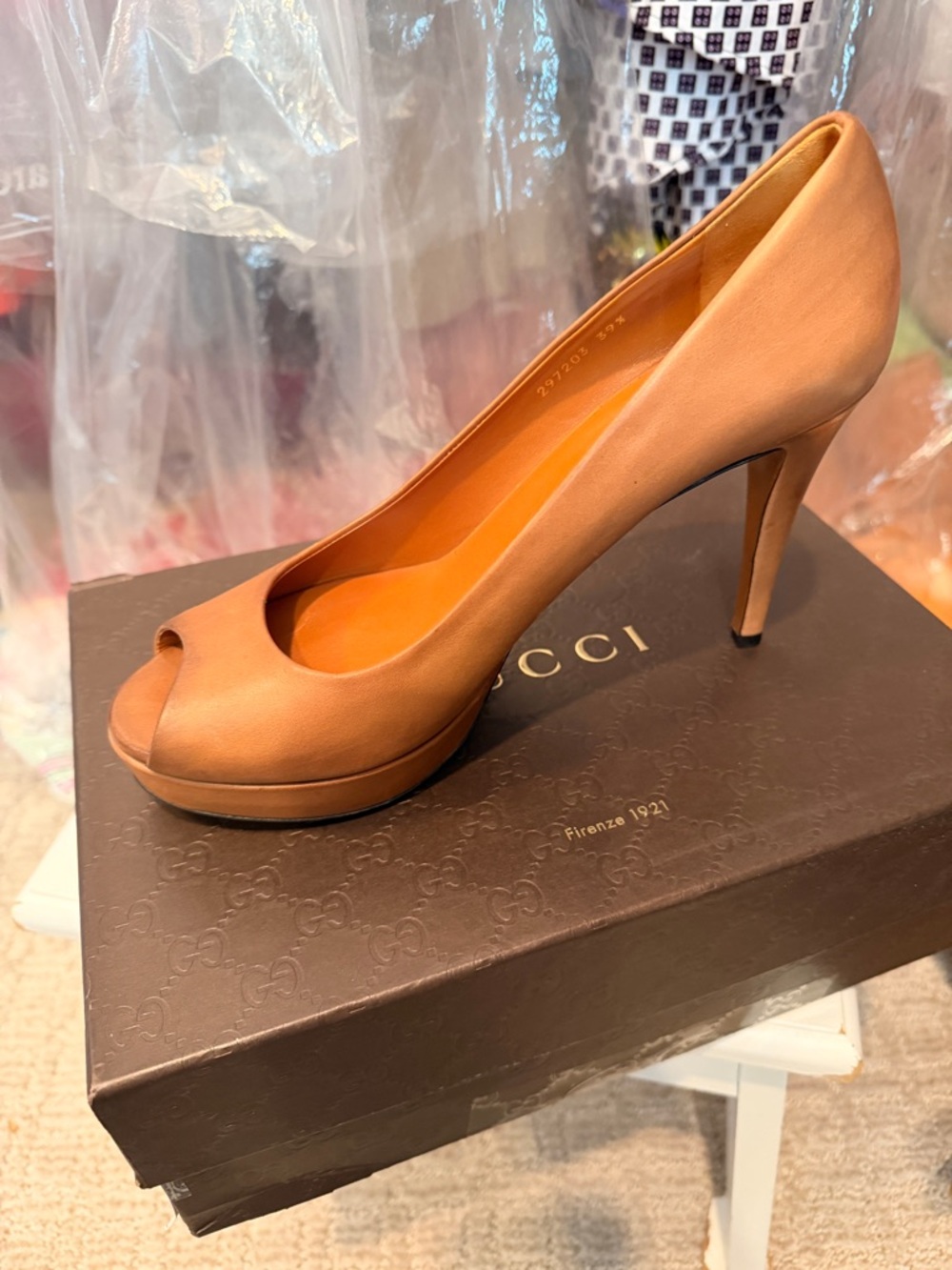 Gucci Tan Leather Peep-Toe Stiletto Pump